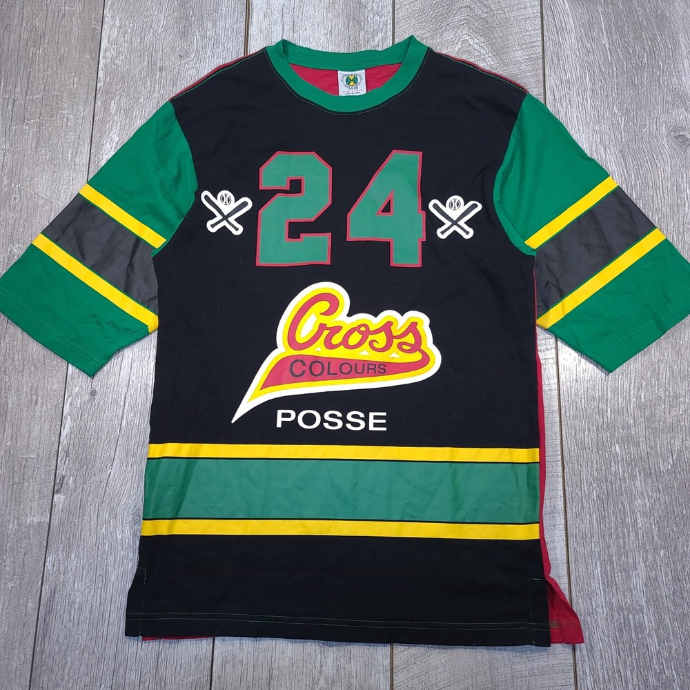 Cross Colours T-Shirt Mens Medium Black Red Green Posse Graphic Jersey Tee